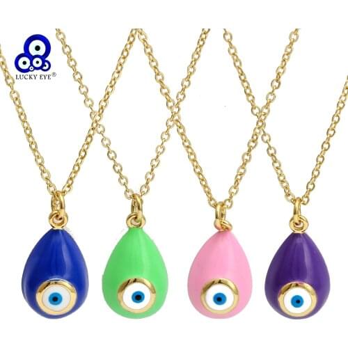 Lucky Eye Water Drop Blue Turkish Evil Eye Pendant Necklace Copper Gold Color Long Chain Necklace for Women Girls Jewelry BE277