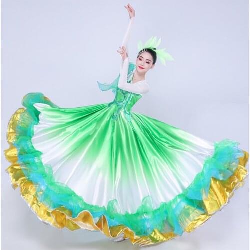 Spanish Bullfight Dance Dress For Women Stage Costume Gypsy Dress Emerald Green Dancing Long Skirt Flamenco Dance Dress DL7180