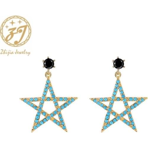 Zhijia vintage geometric Pentagram design blue crystal rhinestone stud earrings for women party jewelry gifts