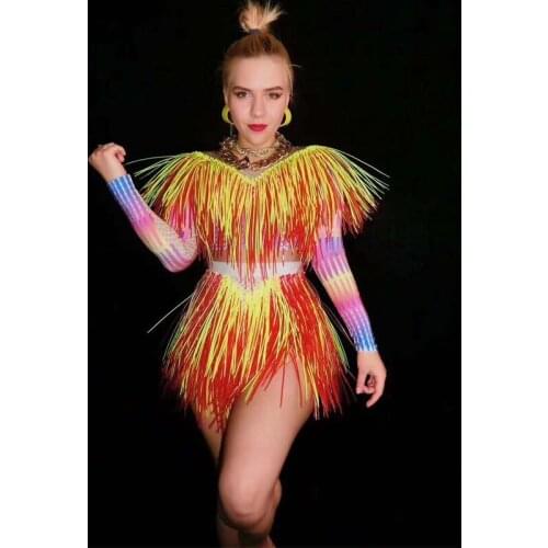 2020 Colorful Fringes Rhinestones Bodysuit Women Stage Dance Costume Nightclub Dance Female Singer Show Bright Leotard dj dance