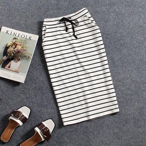 2021 Summer Pure Cotton Black And White Stripes Casual Pocket Mid-length Bag Hip Pencil One Step Half-length Skirt Ladies Skirt