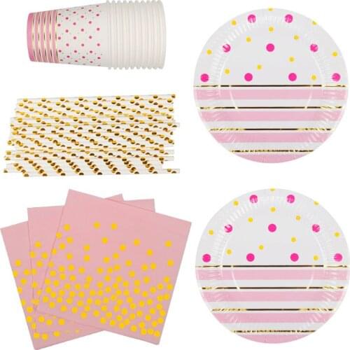 85pcs Gold Foil Pink Disposable Tableware Christmas New Year Party Paper Plates Cups Napkin Birthday Supplies Plastic Straws