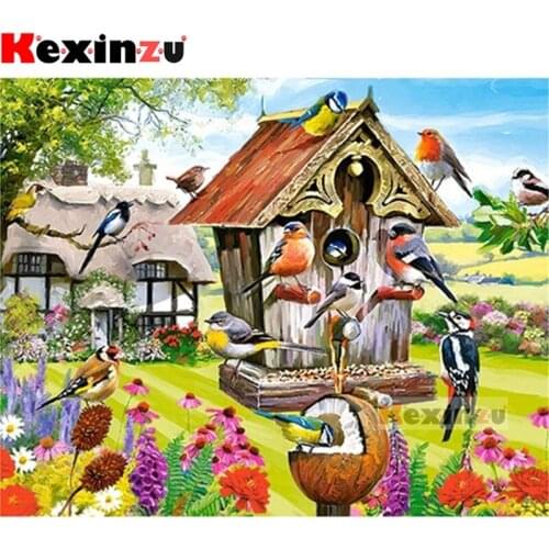 Kexinzu 5D DIY Full Square/Round Drill Diamond Painting "Flower and Bird House" 3d Embroidery Mosaic Cross Stitch Decor Gift X54