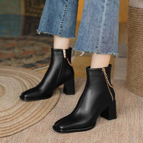 Classic Women Concise Ankle Boots Working Casual Genuine Leather Thick Heels 2021 Autumn Winter Shoes Woman Top Quality