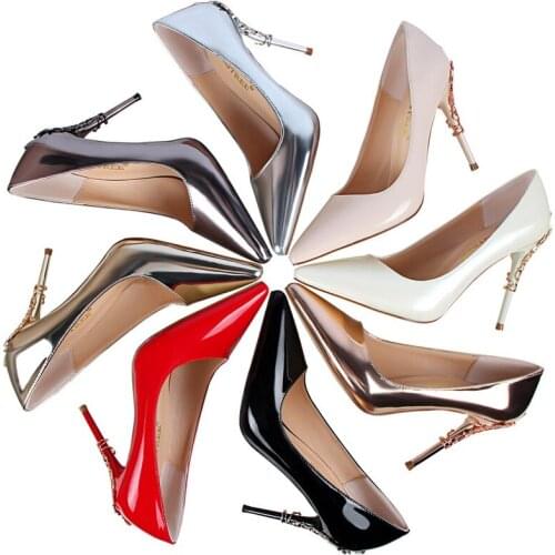 European and American fashion sexy metal with female thin heel high heel shallow mouth pointed patent leather single shoes