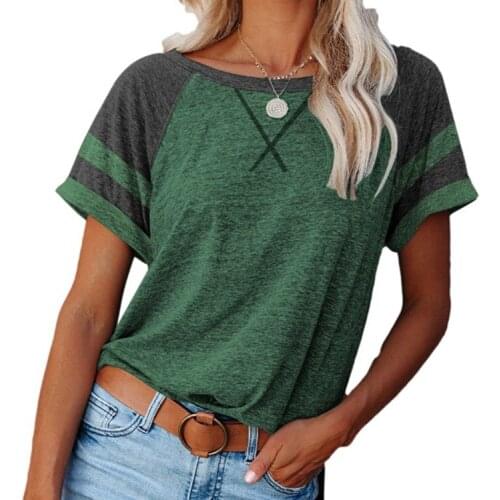 Fashion Color Matching Summer Womens Loose Top T-shirt Ladies T-shirt Casual Round Neck Short-sleeved Top green tops for women