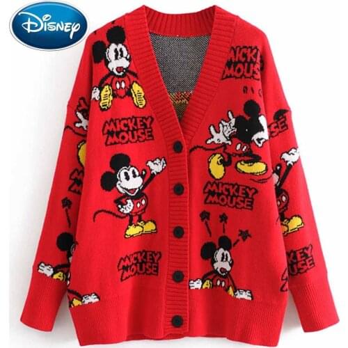 Disney Stylish Mickey Mouse Cartoon Print V-Neck Cardigan Single-breasted Streetwear Red Women Sweater Knitted Long Sleeve Tops