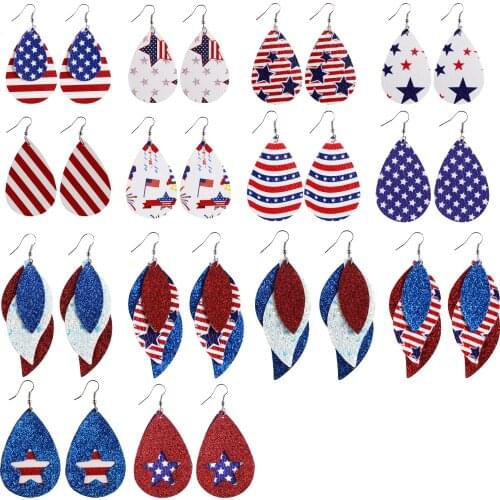 1 Pair Jewelry New American Printed Flag Pentagram Pu Leather Earrings Independence Day Earrings Water Drop Multilayer Earrings