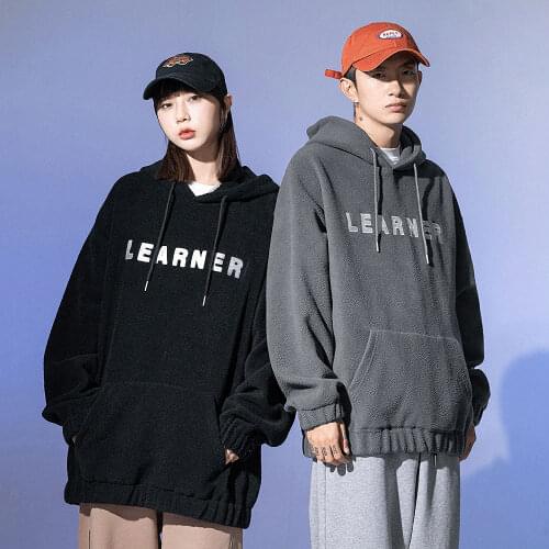 Men Letters Embroidery Hooded Hoodies Polar Fleece Sweatshirt Harajuku Women Fashion Hip Hop Pullover Bone Loose Hoodie Coats
