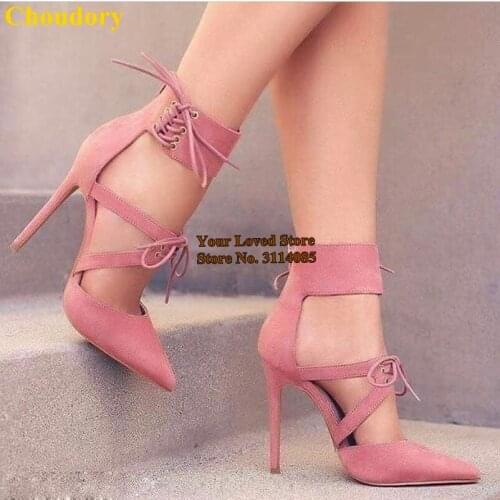 Choudory Charming Pink Grey Pointy Toe Lace-up Dress Pumps Cut-out Cage Shoes Thin High Heels Wedding Pumps Gladiator Sandals