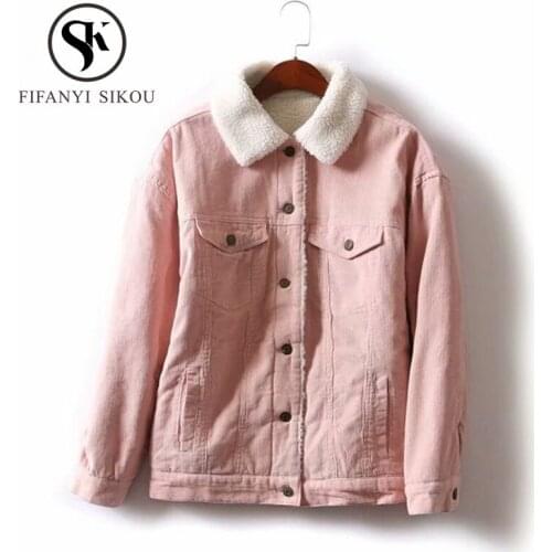 Autumn Winter Corduroy Jacket Basic Coat Thick Warm Lambswool Bomber Jacket Women Long Sleeve Jackets Casual Loose Outerwear