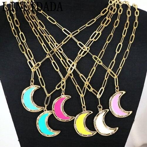 5Pcs New Simple Fashion Multicolor Colorful Enameled Plating Moon Pendant Charm Necklace Jewelry For Women