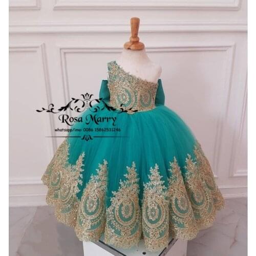 Lovely Gold Lace Flower Girls Dresses for Wedding 2021Ball Gown Knot Bow Cheap First Communion Birthday Party Gowns For Toddlers