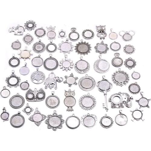 New 10pcs/lot Antique Silve Pierced Mixed Size 5-200 Style Cabochon Base Setting Charms Pendant Tray For DIY Jewelry Making
