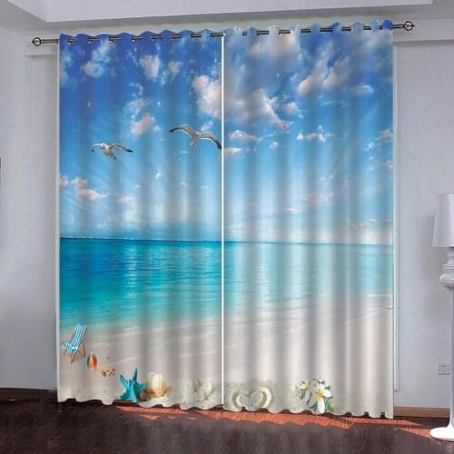Custom 3D Beach scenery Blue sky and white clouds Windows Curtains for Living Room Bedroom Decorative Kitchen Curtain Drapes