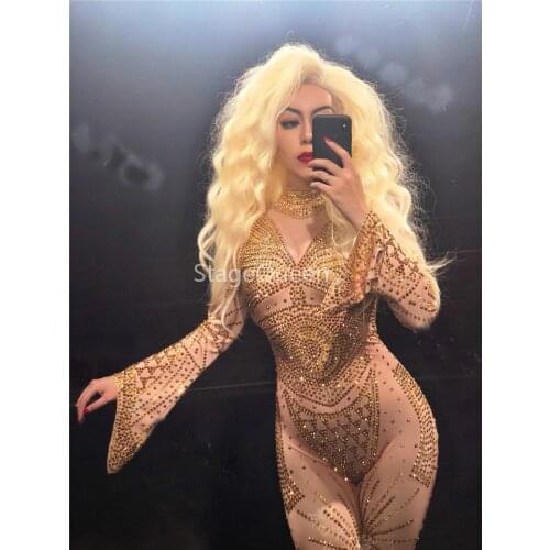 Stage Bling Gold Rhinestones Jumpsuit Women Birthday Celebrate Stretch Costume Bodysuit Performance Evening Dance Show Wear