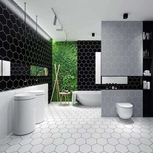 Thicken Modern Simply Black Hexagon Waterproof Self Adhesive Tile Wallpaper Fashion Bathroom Kitchen Pvc Lattice Wall Sticker
