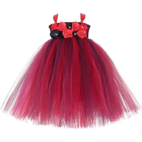 Burgundy Wine Red Flowers Girls Tutu Dress Tulle Flower Princess Dress Children Wedding Birthday Party Dress for Kids Girl 1-14Y
