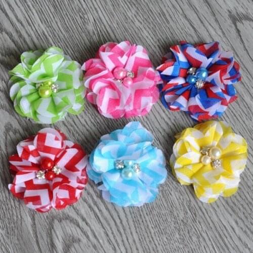 20pcs/lot 2" 6 Colors Vintage Chevron Fabric Chiffon Flower Accessories With Pearl And Rhinestone Buttons For Hair Accessories