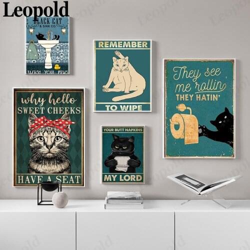 Vintage Animal Canvas Poster Cute Funny Kitten Picture Print Funny Bathroom Painting Home Bathroom Decoration Frameless Painting