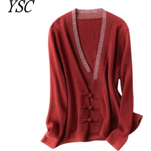 YSC 2021 Hot Sales Women Knitted 100% wool Cardigan V neck Long sleeve Retro decoration warmth High-quality Cardigan