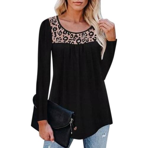 Women Blouse Tops Leopard Print Patchwork Autumn Winter Round Neck Irregular Side Hem Top Pullover for Party Streetwear