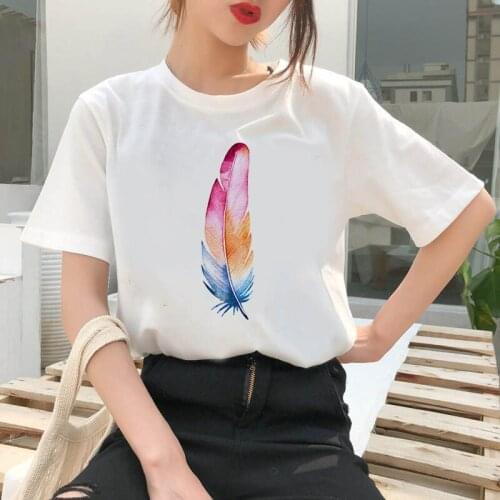 Womens T-shirt Feather Harajuku printed T-shirt fashion casual white T-shirt Dreamcatcher casual O-neck top shirt