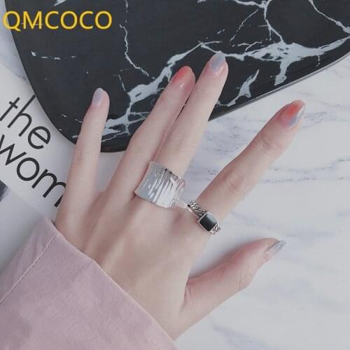 Trendy 925 Silver Multilayer Line Wide Ring Engagement Jewelry For Women Creative Retro Black Stone Party Accessories Gifts