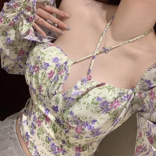Chiffon Floral Blouses Women Sexy V-neck Slim Korean Party Tops Female Casual Vintage Long Sleeve Chic Belt High Street Clothing