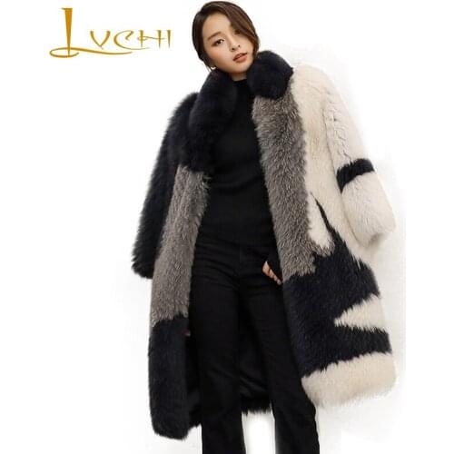 LVCHI Winter 2019 Long Sleeve Real Fox Fur Coats Slim Mandarin Collar Real Natural Fox Fur Coat Womens Long Causal Fox Coats