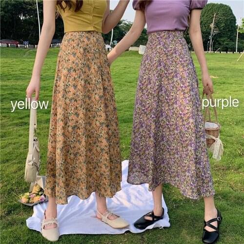 HStar Vintage Floral Print Ruffle Pleated Long Skirts Streetwear Drawstring Elastic Waist Midi Skirt summer Women Korean Skirt