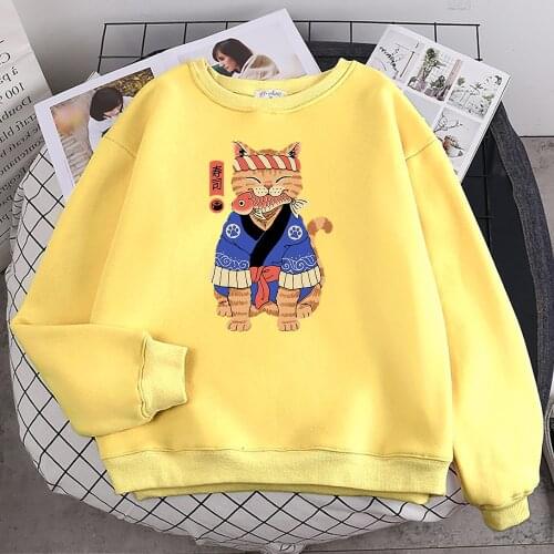 Ukiyo E Style Orange Cat Prints Hooded Women Autumn fur-liner Hoodies Fashion S-XXL Streetwear Casual Fleece womens Sweatshirts