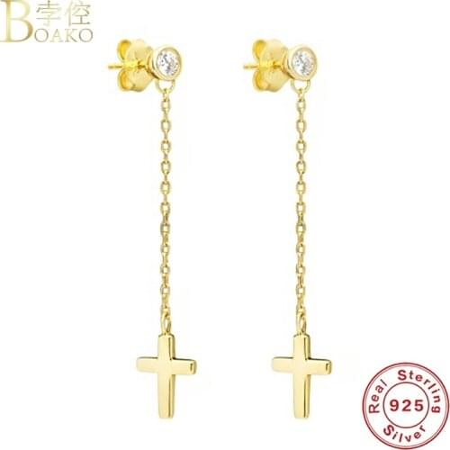 BOAKO S925 Silver Earring For Women 2021 Cross Pendiente Piercing Ohrringe CZ Stud Earrings Aretes Luxury Jewelry Party Gifts