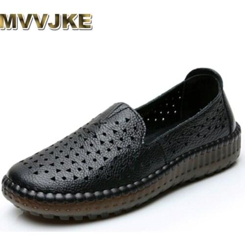 MVVJKE Women Flats Shoes Woman Loafers Ladies Slip on Flats Summer Breathable Women Shoes Genuine Leather Driving Shoes