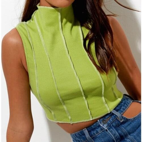 Simple Lines Trim Patchwork Vest Sleeveless Solid Color Summer Wild Casual High Neck Slim Fit Basic Tank Tops for Women