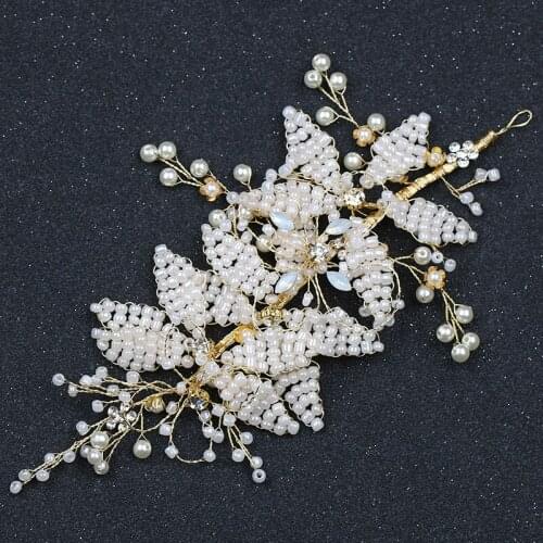 Handmade Gold Hair Accessories Wedding Women Pearl Tiara Headbands Crystal Bridal Hairbands Vintage Flower Hair Jewelry Pageant