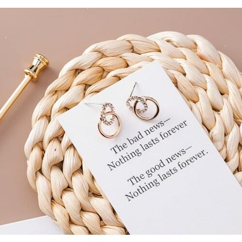 2021 Korean Simple Double Circle Gold Color Metal Rhinestone Drop Earrings for Women Fashion Small Pendientes Jewelry Gifts