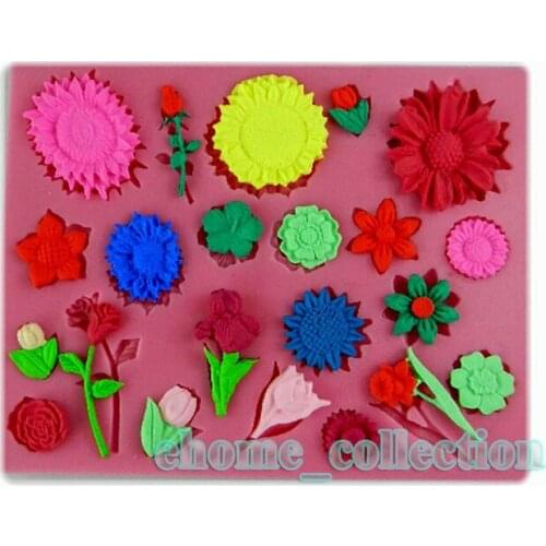 3D 22PCS Rose Flower & Tulip & Sunflower & Jasmine Flower & Daisy & Rose Shapes Fondant Mold Silicone Sugar Craft Cake DIY Mold