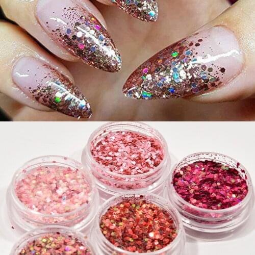 8 Bottles 8 Colors Holographic Rose Gold Chunky Blend Glitter | Purple, White , Pink Metallic Polyester Glitter | Nail Glitter