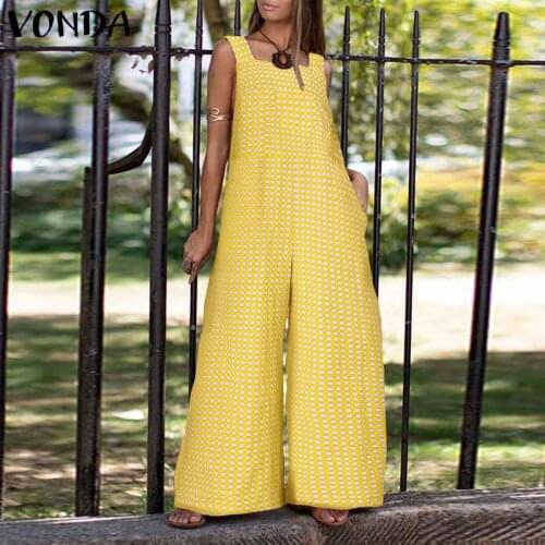 Wide Leg Palazzo Pants VONDA Summer Vintage Plaid Printed Jumpsuits Femmen Casual Sleeveless Checked Plaid Jumpsuits Pantalones