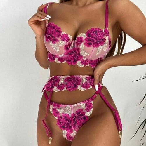 Floral Lingerie Sexy Underwear Embroidery Erotic Bra Panties Sets Lace 3 Piece Garter Underwire Bra Thong With Graters Brief