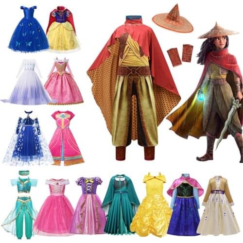 Disney Girls Princess Costume Anna Elsa Halloween Raya Fancy Dress Snow White Children Cinderella Carnival Party Outfits Clothes