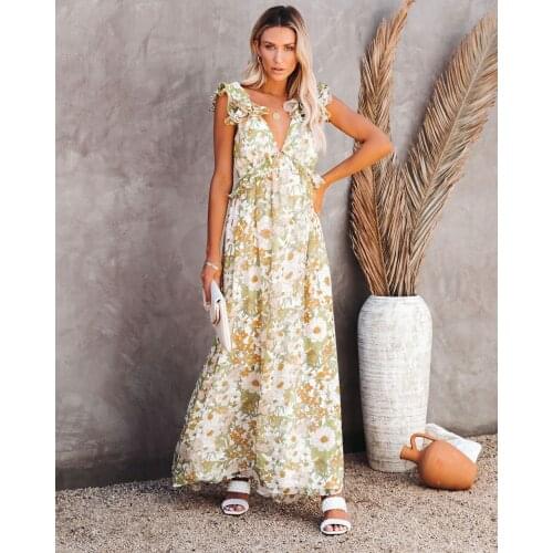 Floral Print Long Dress Summer New Sleeveless Lotus Leaf Shoulder Belt Fashion Backless Lace Up Long Dresses