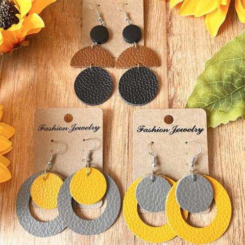 Geometric Genuine Leather Statement Earrings with Mini Polymer Clay Disc Fashion Matching Design Pop Color Long Earrings Jewelry