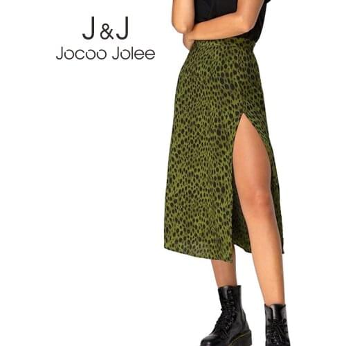 Jocoo Jolee Elegant Leopard Floral Printing Long Skirt Women Sexy High Waist Split Midi Skirts Office Lady Bodycon A Line Skirts