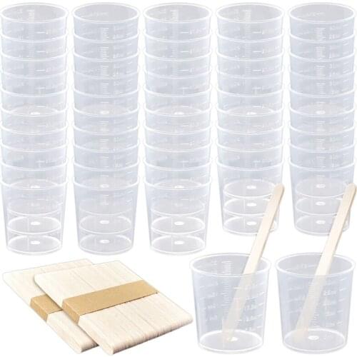 LUDA 50 Pack 30Ml Plastic Graduated Cups Transparent Scale Cups Clear Epoxy Mixing Cups with 100 Pack Wooden Stirring Sticks