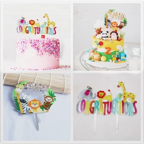 Cute Cartoon Animal Birthday Cake Topper Monkey Lion Elephant Happy Birthday Cake Toppers Child Holiday Party Acrylic Cake Adorn