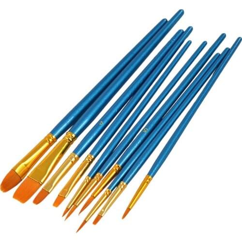 10Pcs Nylon Hair Round Pointed Acrylic Watercolor Tip Artists Paint Brush Set