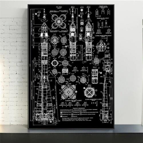 Soyuz Blueprint Of Russian Soyuz Rocket Canvas Poster And Prints Black White Picture On Wall Art Cuadros Home Room Decoration