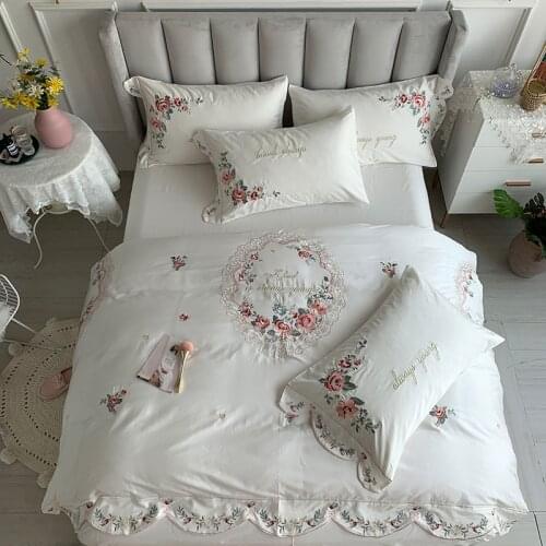 100% Egyptian Cotton Bedding Queen King size 4Pcs flowers pattern white Duvet Cover Bed sheet Pillow shams